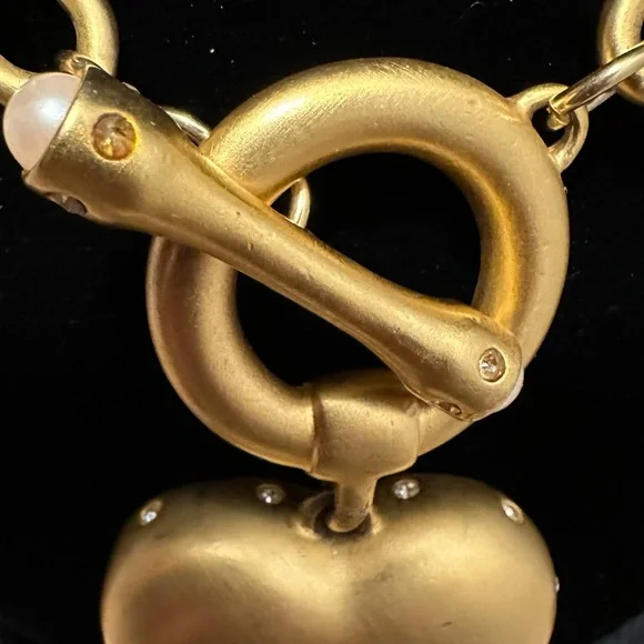 Givenchy Vintage Brushed Gold Puffy Heart Toggle Necklace with Pearl and Crystal - Picture 10 of 12